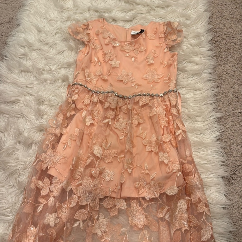 Peach formal dress with sheer overlay and rhinestones, size 14 youth